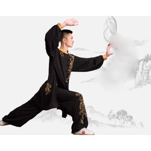 Unisex embroidery dragon totem wing chun suits tai chitaiji kung fu performance uniforms martial arts wushu clothing black