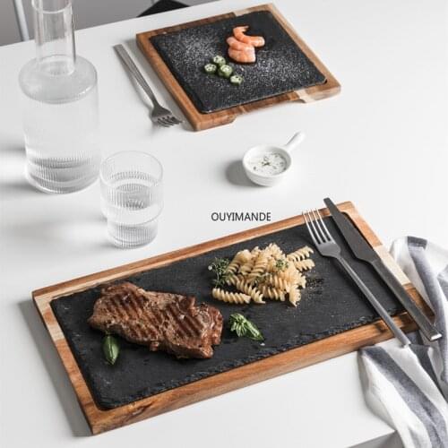 Creative Solid Wood Snack Plate Snack Disc Wood Pizza Tray Black Slate Bread Plate Wooden Pastry Steak Plate Japanese Food Dish