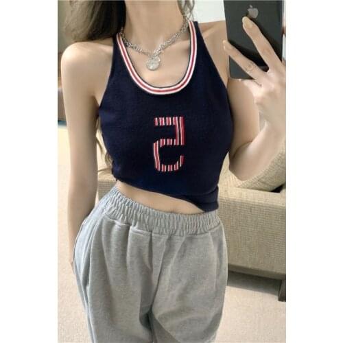 Summer Short Color contrast narrow shoulders Women Off Shoulder Cami Sexy Backless camisole Top