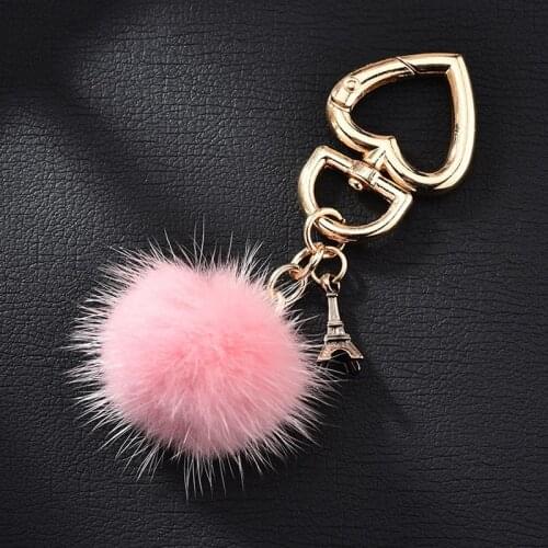 Fur Ball Eiffel Tower Diy Metal Keychain Heart Car Keyrings Jewelry Heart Fur Pompom Bag Accessories Gift For Women
