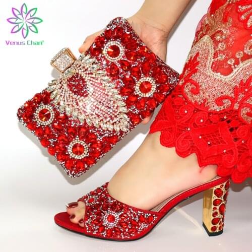 Fashionable Italian Design Mature Women Shoes Matching Bag in RED Color High Quality African Sandals Match Hand Bag Set