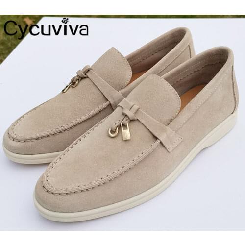 Kid Suede Brand Flat Shoes Woman Metal Lock Casual Ladies Slip On Loafers Women Footwear Mules Summer Walker Shoes for Women