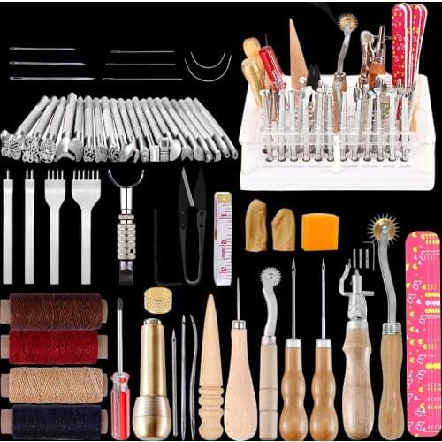 MIUSIE 20Pcs Leather Working Starter Kit Hand Stamping Tools Instructions Punch Sewing Needles for Leather Carving Stitching