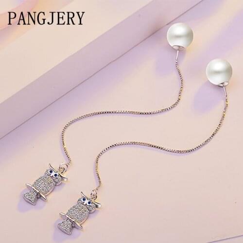 PANGJERY Prevent Allergy 925 Sterling Silver Micro Inlaid Zircon Pearl Earrings for Women INS Fashion Owl Wedding Jewelry Gifts