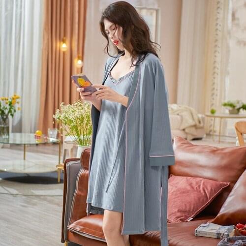 V-Neck Sling Dress And Long Sleeve Robes 2 Pieces/Set Pajamas Sets for Women Cotton Sleepwear Female Sexy At All Seasons Pyjamas