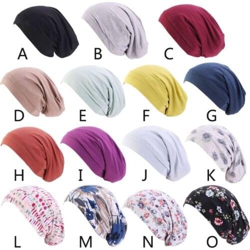 Women Satin Lined Sleep Cap Solid Color Floral Print Hair Loss Chemo Headwrap Elastic Wide Band Slouchy Beanie Slap Hat