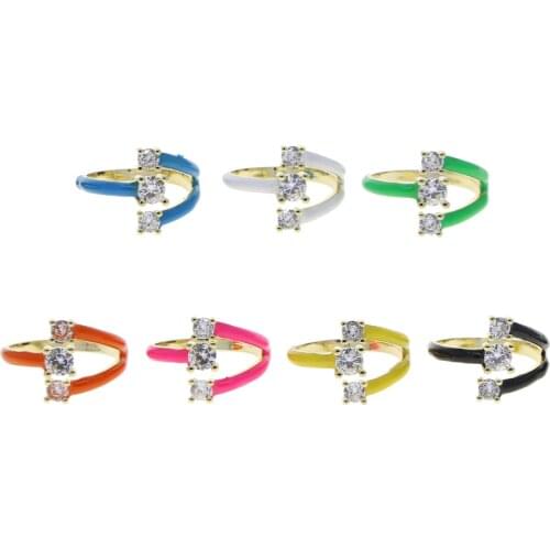 Spring Summer Hot Selling Rainbow Fashion Finger Jewelry Three Stone Clear Cubic Zirconia CZ Open Neon Enamel Ring
