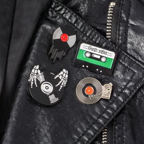Vinyl Records Player and Tape Pins Brooch Backpack Bags Hats Leather jeckets Accessories Gifts for music lover Music jewelry