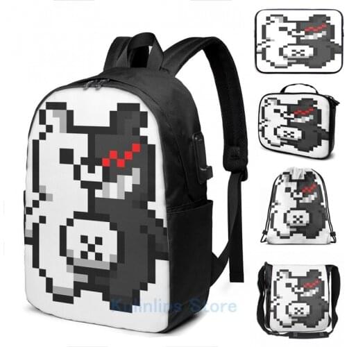 Funny Graphic print Pixel Monokuma USB Charge Backpack men School bags Women bag Travel laptop bag