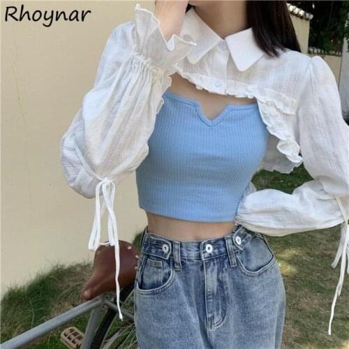 Shirts Women Solid Tender Sun Proof Cropped Turn Down Collar Single Breasted All Match Girlish Design Korean Style Casual Chic
