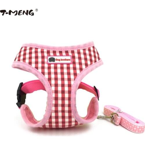 T-MENG Puppy Small Dog Vest Harness and Leash Set For Chihuahua Cats Grid Pattern Fabric Mesh Cloth Dog Supplies Pet Products 83