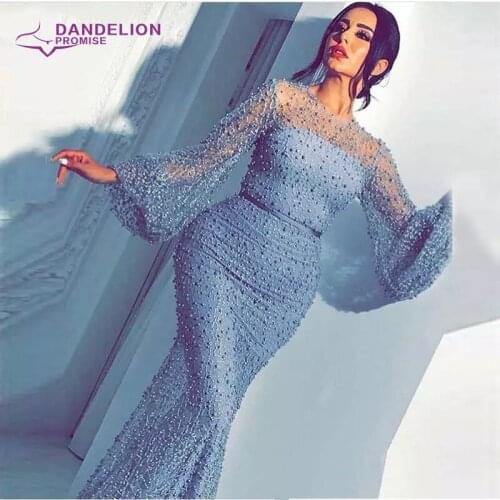 Luxury Muslim Long Sleeve Full Pearls Evening Dresses for Women 2020 Beading Arabic Mermaid Party Prom Gown