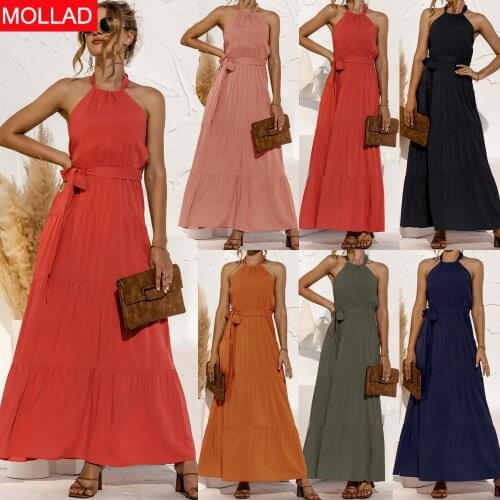2021 Spring/Summer Cross-Border Womens Clothing Popular Halter Lace-up Backless Stitching Dress Long Dress