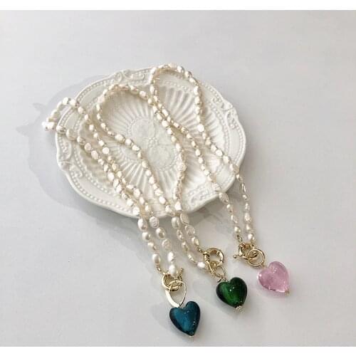 VSnow Vintage Baroque Irregular Natural Pearl Necklaces for Women Blue Color Heart Linked Chain Pendant Necklace Jewelry New