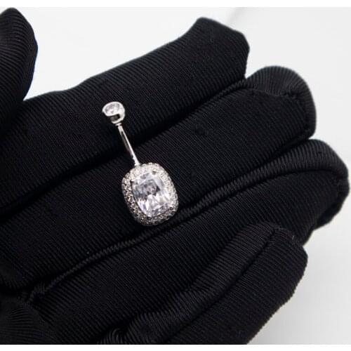 925 Sterling Silver White Zircon Square Belly Button Piercing Women Human Body Jewelry Latin Dance Crude 1.5MM Rod Long 6 8 10MM