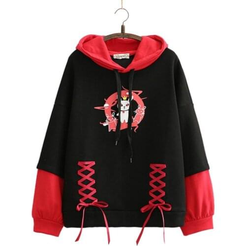 Winter Fleece Hooded Sweatshirt Harajuku Cartoon Print Lace Up Hoodies Women 2020 Long Sleeve Sweet Style Kawaii Teen Girls Top