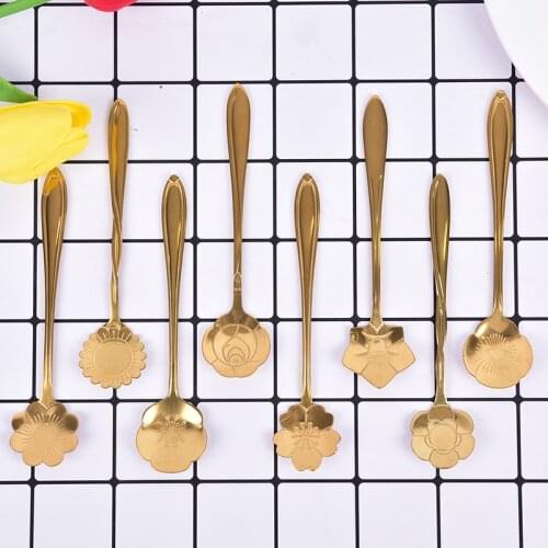 1pc Stainless Steel Spoon Vintage Gold Flower Spoons Small Coffee Tea Spoon Fancy Sugar Dessert Teaspoon Bar Cafe Tableware