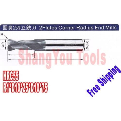 2pcs 10mm hrc55 R1*D10*25*D10*75 2 Flutes Milling tools Mill cutter Corner Radius End Mill CNC router bits
