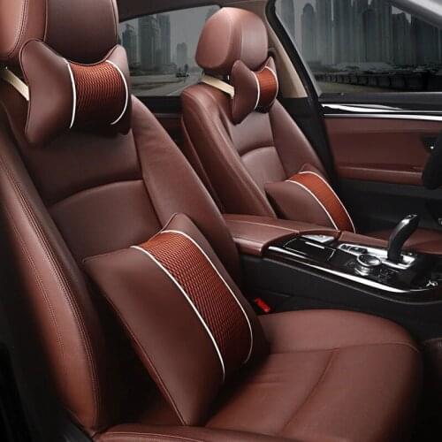 2Pcs PU Leather Knitted Car Pillows Headrest Neck Rest Cushion Waist Support Seat Accessories Auto Safety Pillow Universal Decor