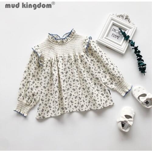 Mudkingdom Girl Floral Blouses Long Sleeve Lace Collar Elastic Pleated Baby Shirt for Toddler Drop Shoulder Spring Autumn Tops