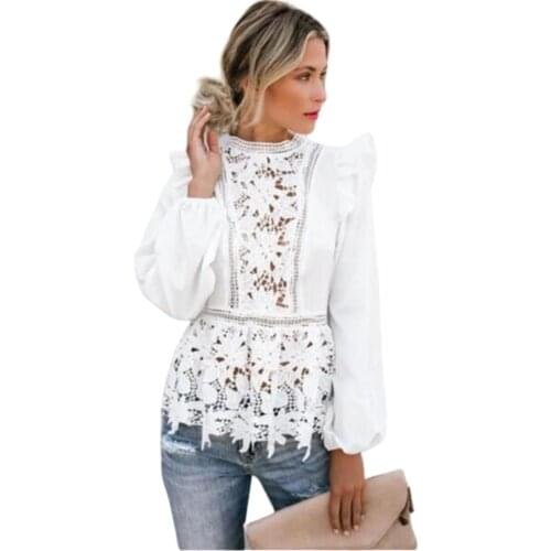 Women Hollow Out Blouses Ruffles Fly Sleeve O-Neck Flowers Shirts White Long Sleeve Lace Patchwork Blouse S-XL