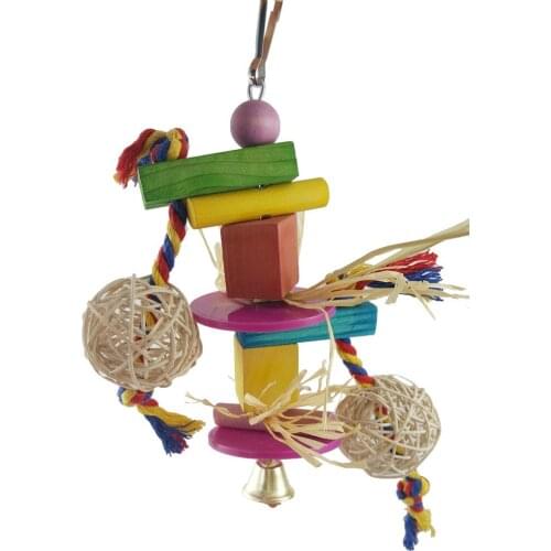 LHXMAS PET TOYS Colorful solid wood parrot bite toy Colored wood block Vine Bal straw string
