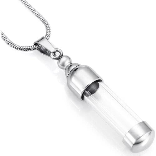MJD9887 Glass Cylinder Memorial Jewelry Stainless Steel Cremation Pendant for Ashes