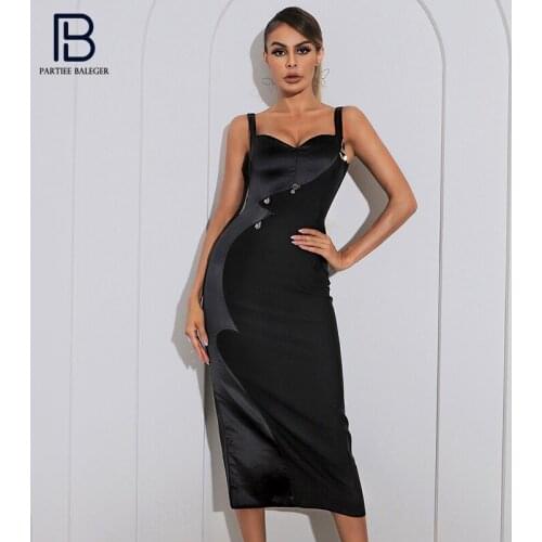 PB Trendy Black Bandage Slip Dress Pendants Embellished Satin Splicing V Neck Celebrity Party Club Vestido Free Shipping