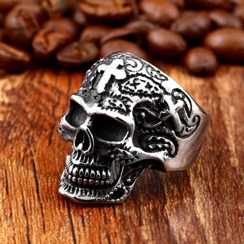 Cross Ring Titanium steel Skull Head Bone Skeleton Mens finger-ring Accessory Religion Jewelry For Men Hip Hop Rock Cool Male