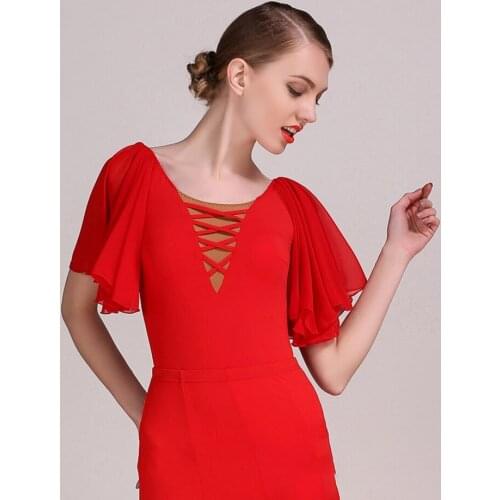 2021 New GB032 Lotus Sleeve Striped Bust Latin Dance Tops Women Tops Performance Costume Latin Ballroom Latino Dancewear