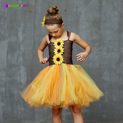 Fall Sunflower Girls Tutu Dress with Matching Headband Kids Woodland Fairy Costume Children Thanksgiving Birthday Tutu Dress