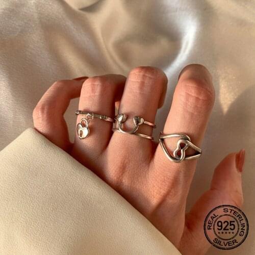 Hollow Zircon Heart Open Rings S925 Silver Adjustable For Women Korean Geometry Fashion Vintage Hot Girlfriend Jewelry INEFFA