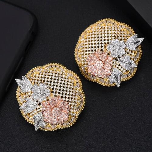 Luxury Round With Flowers Stud Earrings for Bridal Wedding Engagement Party Earrings Fashion Jewelry Lover Sister Mother Gift