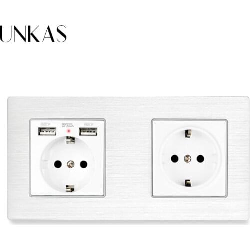 UNKAS 16A EU Standard Multi Way Power Socket Plug Grounded Electrical Socket with usb outlet Aluminum Metal Panel Socket