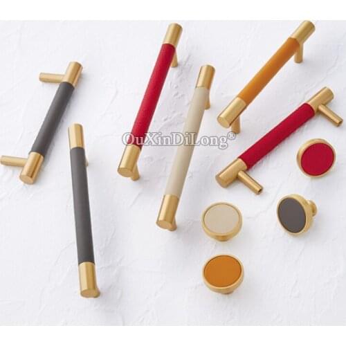 Top Quality 10PCS Solid Brass+Cow Leather Cabinet Door Handles Cupboard Wardrobe Drawer Kitchen TV Cabinet Pulls Handles & Knobs