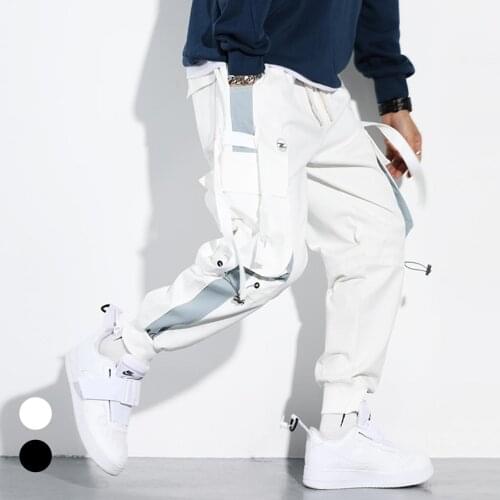 2020 Faishion Teenager Pants Men Hip Hop Drawstring Multi Pockets Straps Ankle Tied Long Cargo Pants Cotton Male sports Trousers