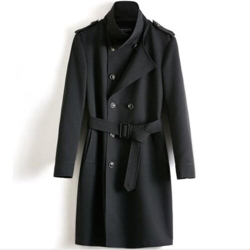 Mens trench coats man double breasted mid-length clothes slim corta vento masculino overcoat long sleeve stand collar jaquetas