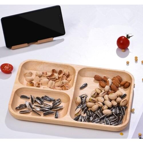 Solid Wood Three Grid Dry Fruit Tray Creative Household Solid Wood Tray Living Room Japanese Fruit Tray Snack Plate Modern