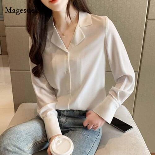 Solid 2020 OL Blusas Mujer De Moda 2020 Blusas Autumn Suit Collar Chiffon Blouse Office Lady Women White Long Leeve Shirts 10550