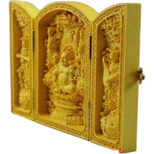 DECORATED BOXWOOD HIGHLY DIFFICULTY CARVED FLODING BOX -- MAITREYA BUDDHA