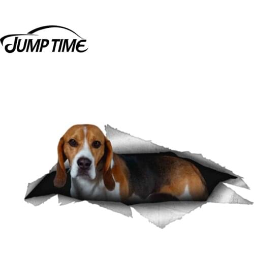 Jump Time 13cm x 5.9cm Beagle Dog Pet Sticker Torn Metal Bumper Decal Funny Car Stickers Window Trunk Animal 3D Car Styling