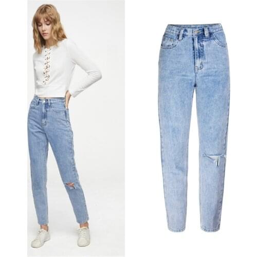High Waist Boyfriend Jeans for Women Knee Ripped Straigh Denim Pants Female Plus Size Jeans Light Blue