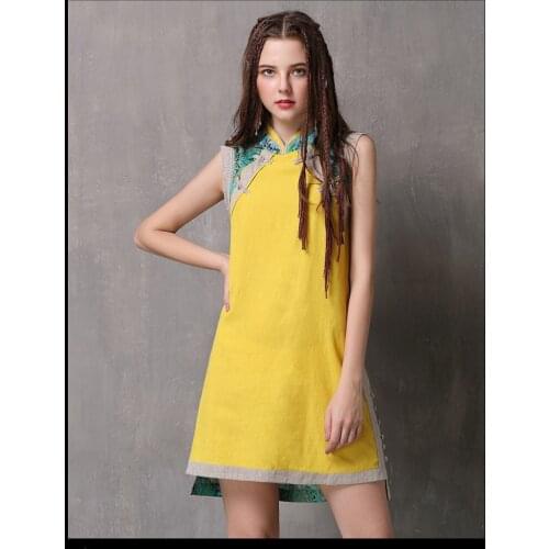 Womens 2020 Summer New Buckle Stitching Cheongsam Retro Cotton And Linen Loose Vest Dress