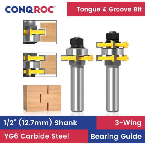 2 Pieces 1/2" 12.7mm Shank Tongue and Groove Router Bits Set 3 Cutting Edges Wood Milling Cutters Tenon Jointer Kit