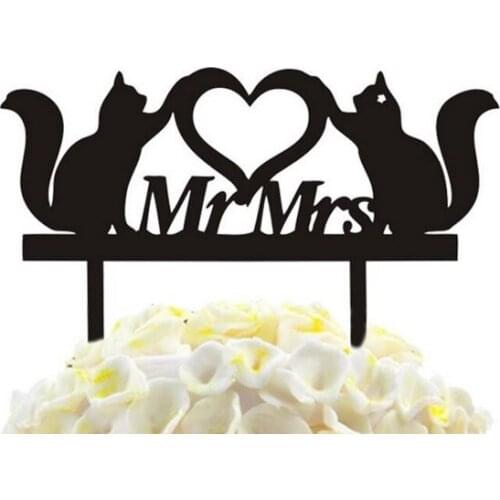 100pcs/lot Creative " Mr and Mrs" lovers of cat design Acrylic Wedding inserted card Wedding Cake Topper Party Cake Decorations