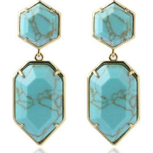 100-Unique 1 Pair Light Yellow Gold Color Polygon Shield Shape with Small Hexagon Green Turquoises Stone Earrings