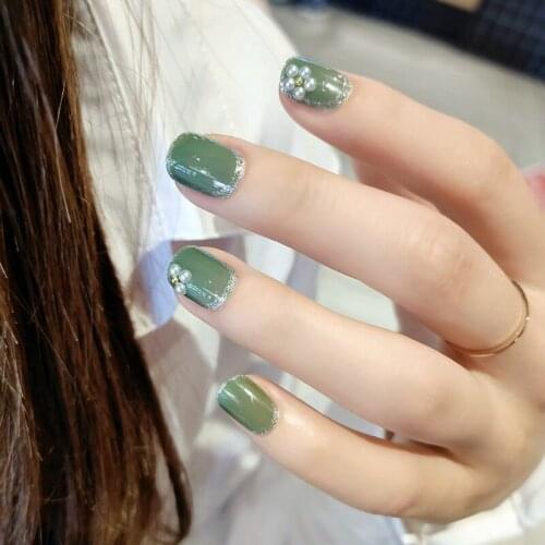24pcs Fake Nails With Glue Green Phnom Penh Short Pearl Flower Wearing Nail Sticker Finished Nail Sticker Press On Nail Short DL
