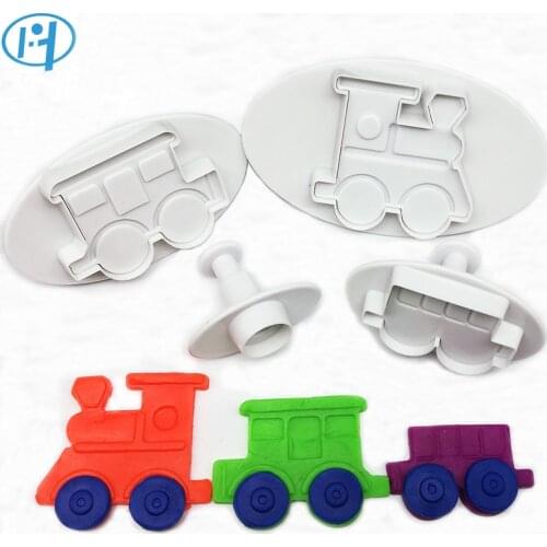 4pcs Train Plastic Plunger Cutter Cookie Mold Embossing Cake Decorating Tool Cake fondant mold Cartoon DIY