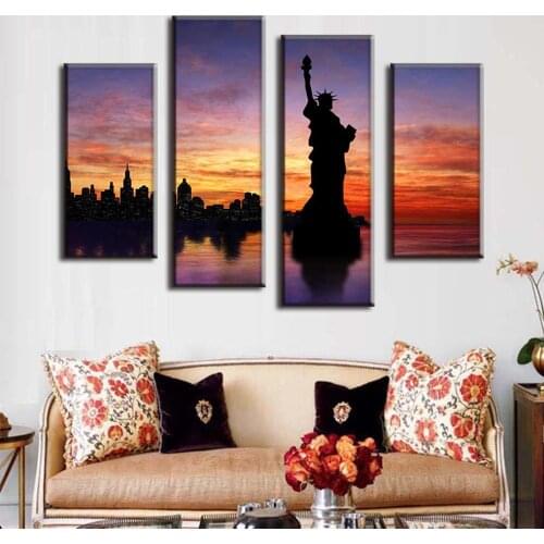 4 Pcs Abstract Canvas Wall Art Landscape Painting The statue of liberty In the Dusk Prints Picture Modern Home Room Decor