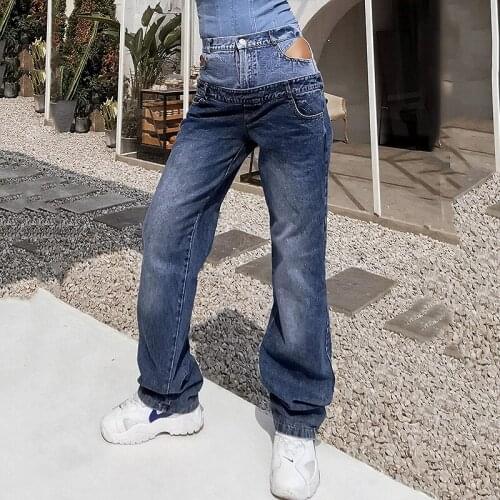 Fashion Streetwear Hollow Out Jeans Pants Vintage Stitching Contrast Color Straight Trousers Women Casual High Waist Denim Pants